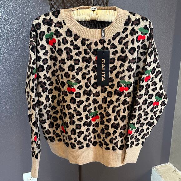 New! Leopard & Embroidered Cherry Crewneck One-Size Sweater Measurements Below - Picture 5 of 16